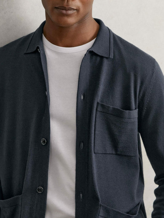 Merino Wool Button-Through Shirt Midnight Navy | Men