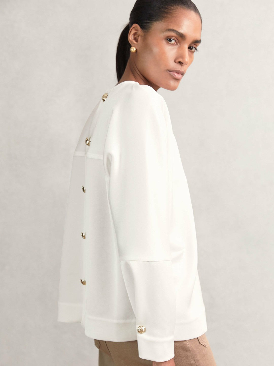 Satin Button-Back Long-Sleeve Top Ivory | Women