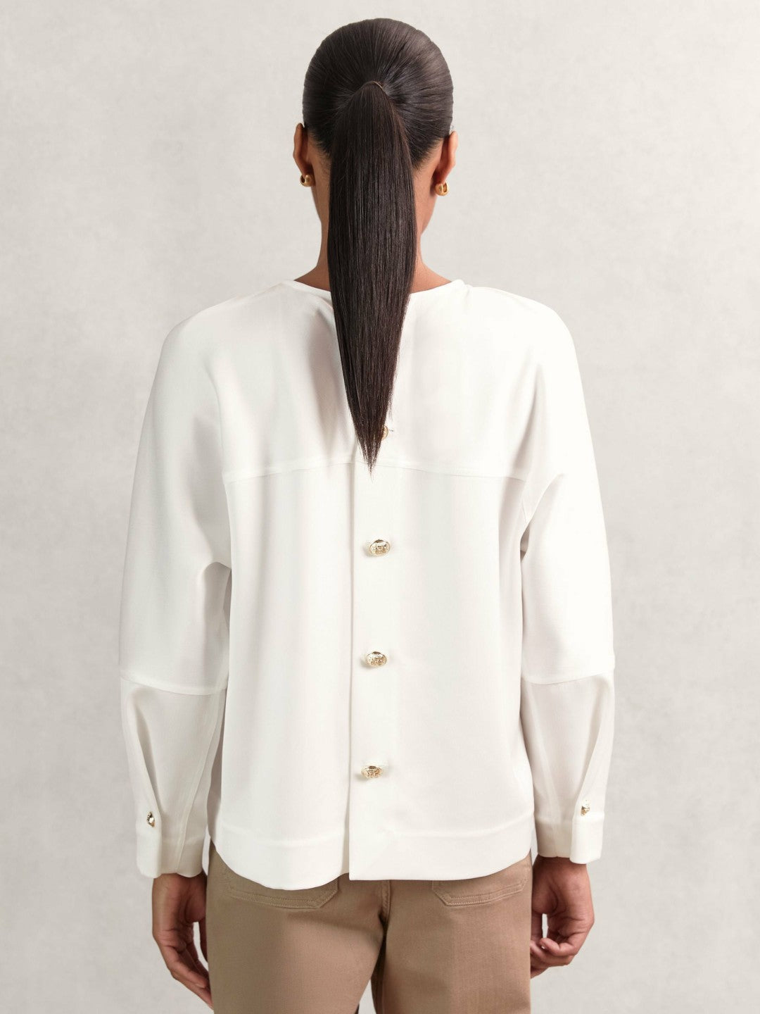 Satin Button-Back Long-Sleeve Top Ivory | Women