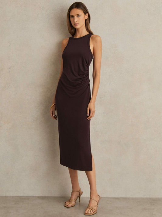 Jersey Ruched Racer Midi Dress Burgundy | Women