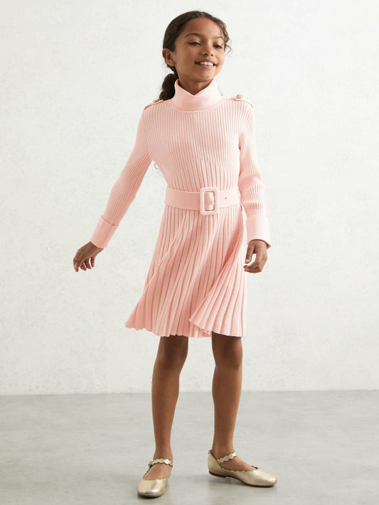 9-13 yrs Rib-Knit Roll-Neck Belted Dress Pink | Children & Baby