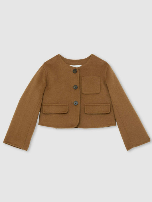 13-14 yrs Wool-Blend Cropped Collarless Jacket Camel | Children & Baby