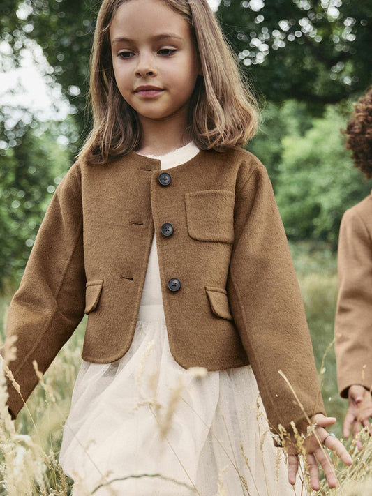 9-13 yrs Wool-Blend Cropped Collarless Jacket Camel | Children & Baby