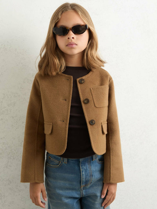 3-9 yrs Wool-Blend Cropped Collarless Jacket Camel | Children & Baby