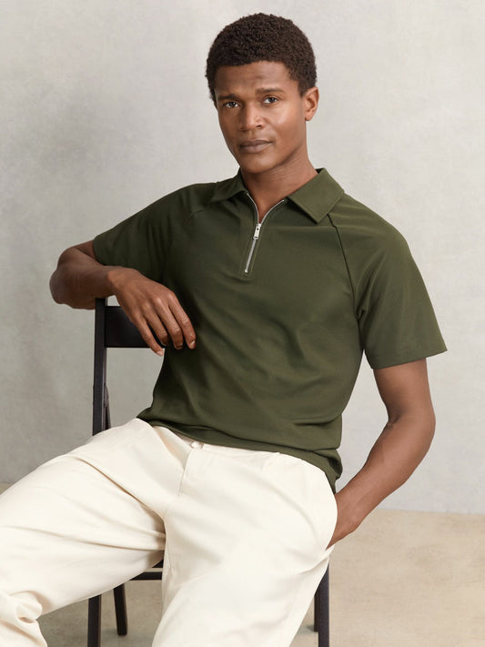 Textured Raglan Half-Zip Polo Shirt Green | Men