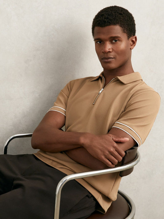 Textured Half-Zip Tipped Polo Shirt Camel | Men