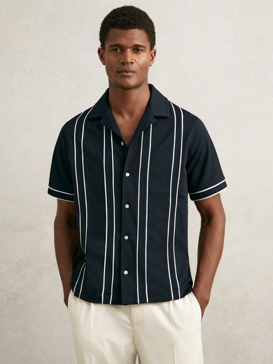 Piped-Stripe Cuban-Collar Shirt Navy/White | Men