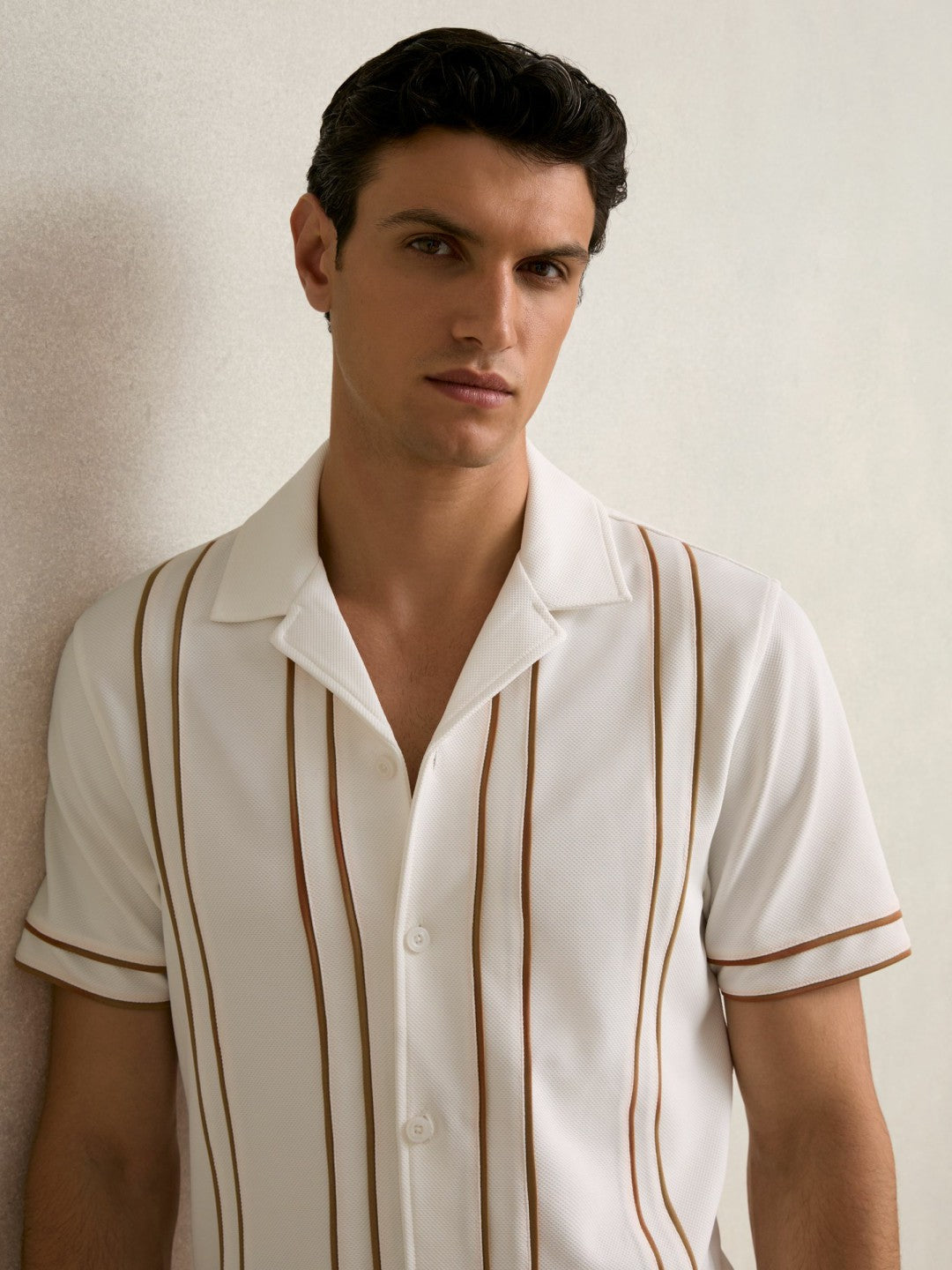 Piped-Stripe Cuban-Collar Shirt White/Camel | Men