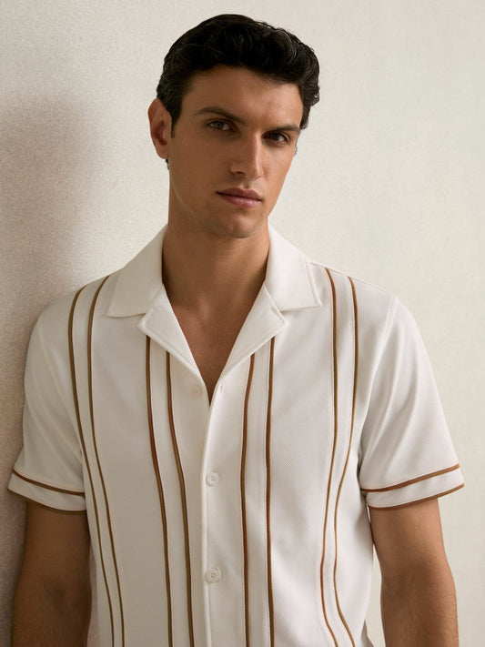 Piped-Stripe Cuban-Collar Shirt White/Camel | Men