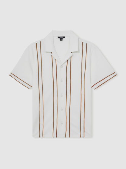 Piped-Stripe Cuban-Collar Shirt White/Camel | Men