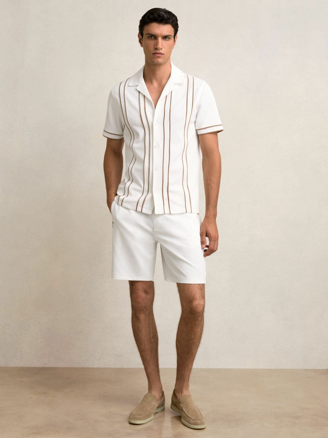 Piped-Stripe Cuban-Collar Shirt White/Camel | Men