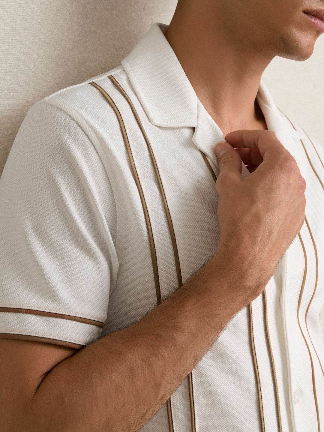 Piped-Stripe Cuban-Collar Shirt White/Camel | Men