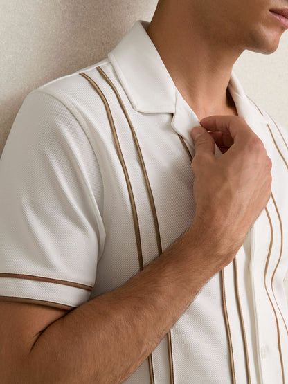 Piped-Stripe Cuban-Collar Shirt White/Camel | Men