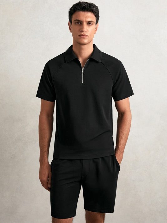 Textured Raglan Half-Zip Polo Shirt Black | Men