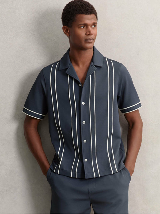 Piped-Stripe Cuban-Collar Shirt Airforce Blue | Men