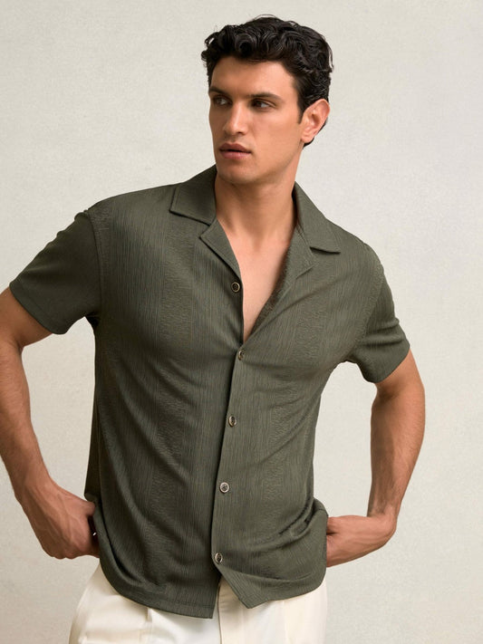Jacquard-Stripe Cuban-Collar Shirt Dark Green | Men