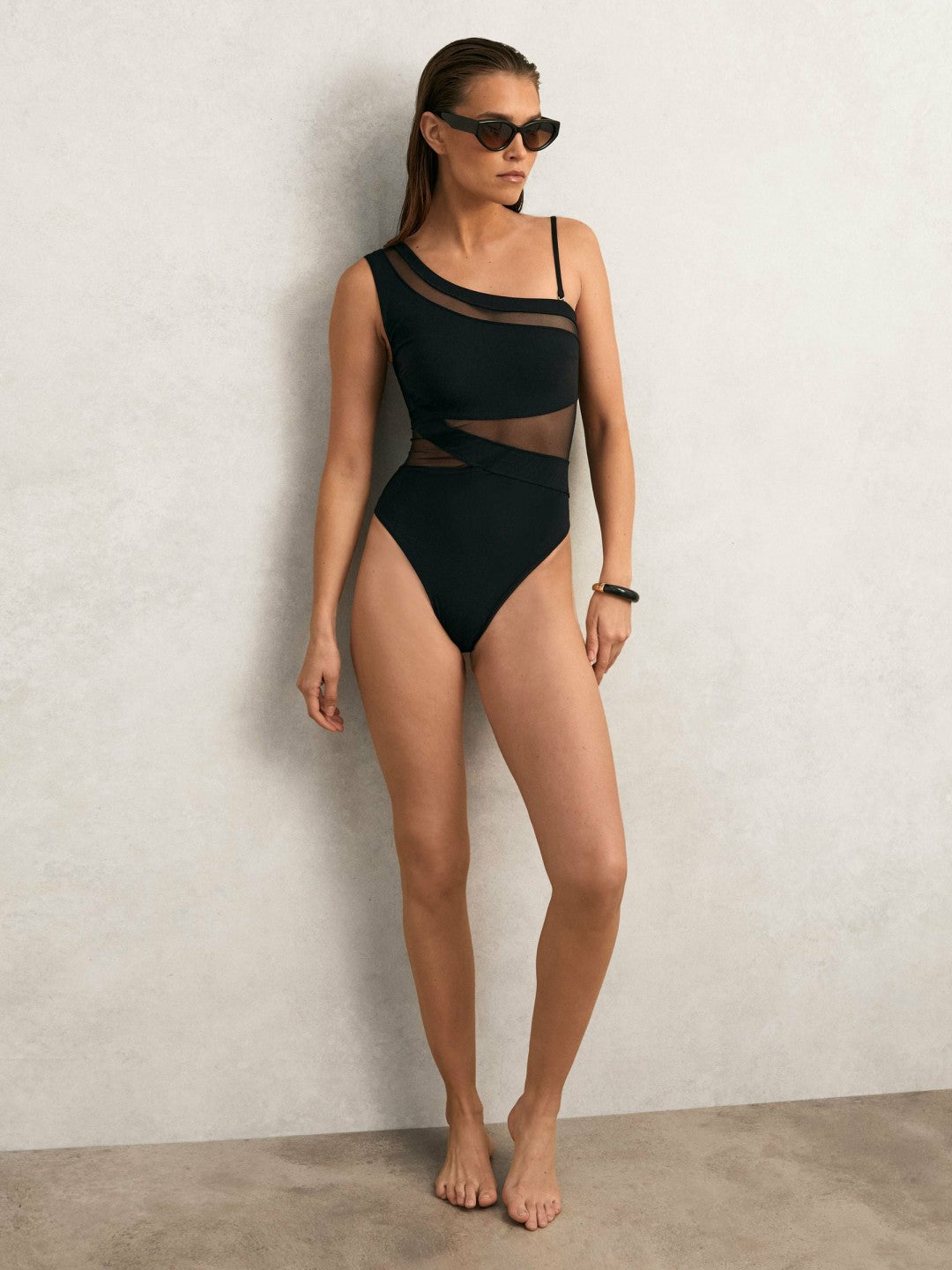 One Shoulder Mesh Panel Swimsuit Black | Women