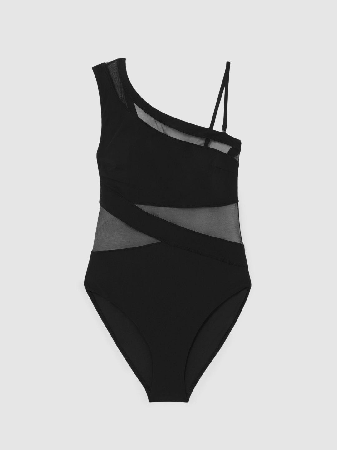 One Shoulder Mesh Panel Swimsuit Black | Women