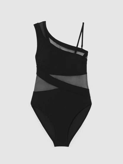 One Shoulder Mesh Panel Swimsuit Black | Women