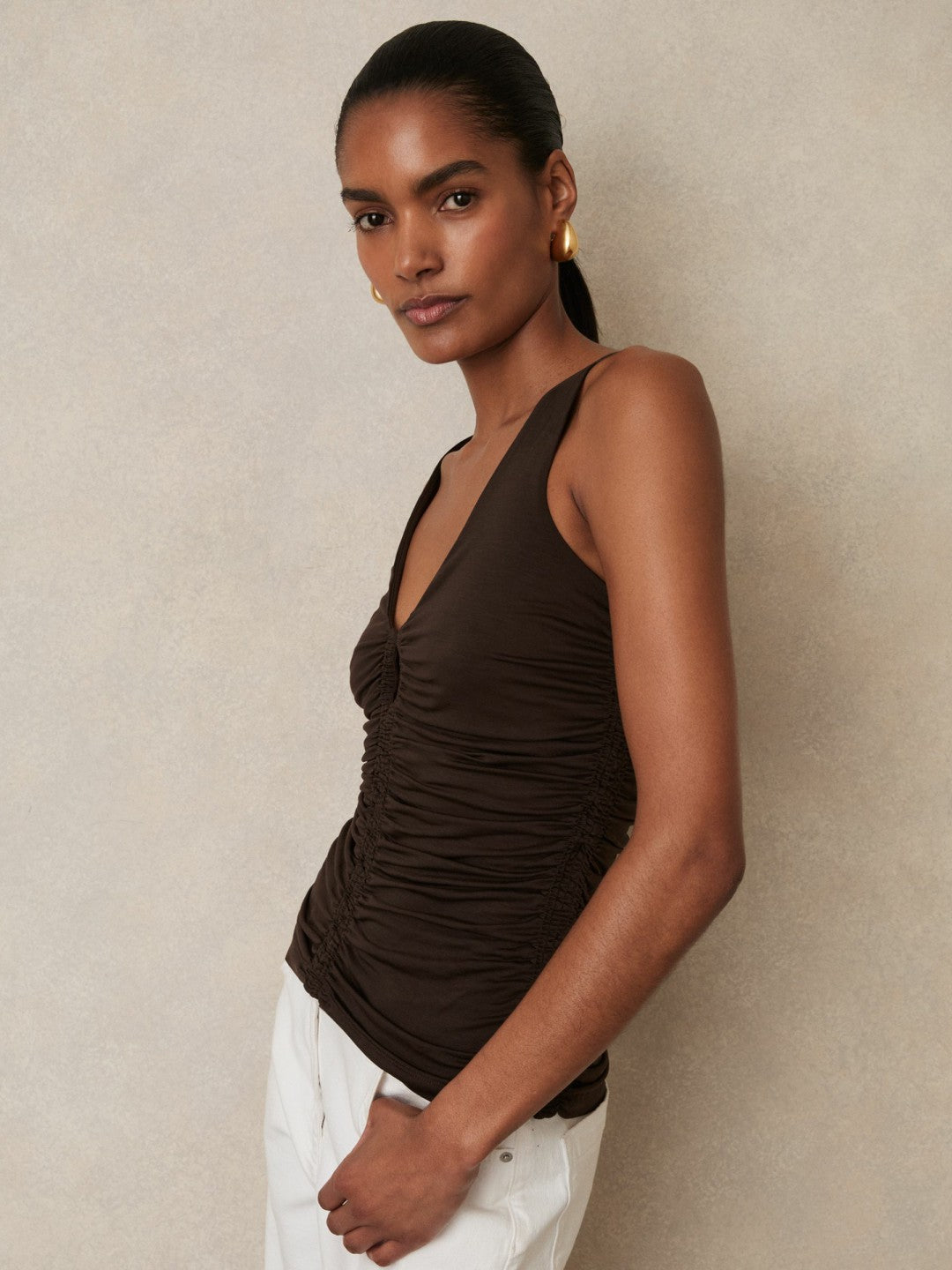 Stretch Lyocell Jersey Ruched Vest Chocolate Brown | Women