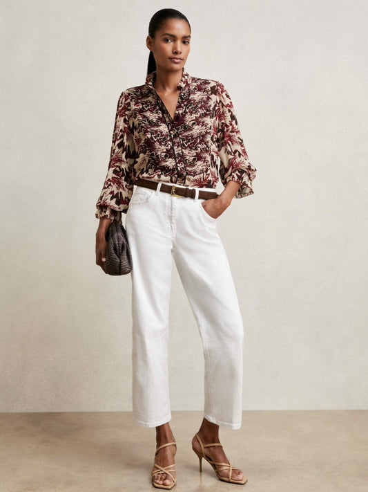 Abstract-Print Ruffle-Neck Shirt Burgundy/Cream | Women