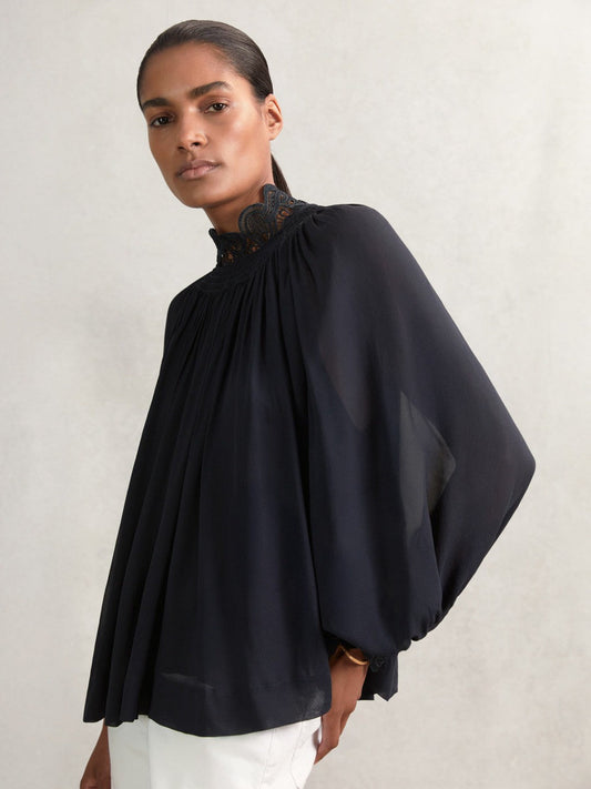 Lace-Trim Draped Chiffon Top Navy | Women