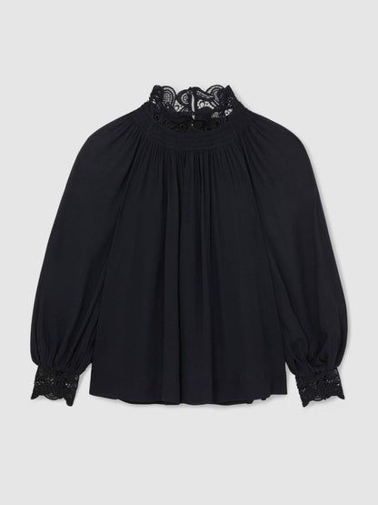 Lace-Trim Draped Chiffon Top Navy | Women