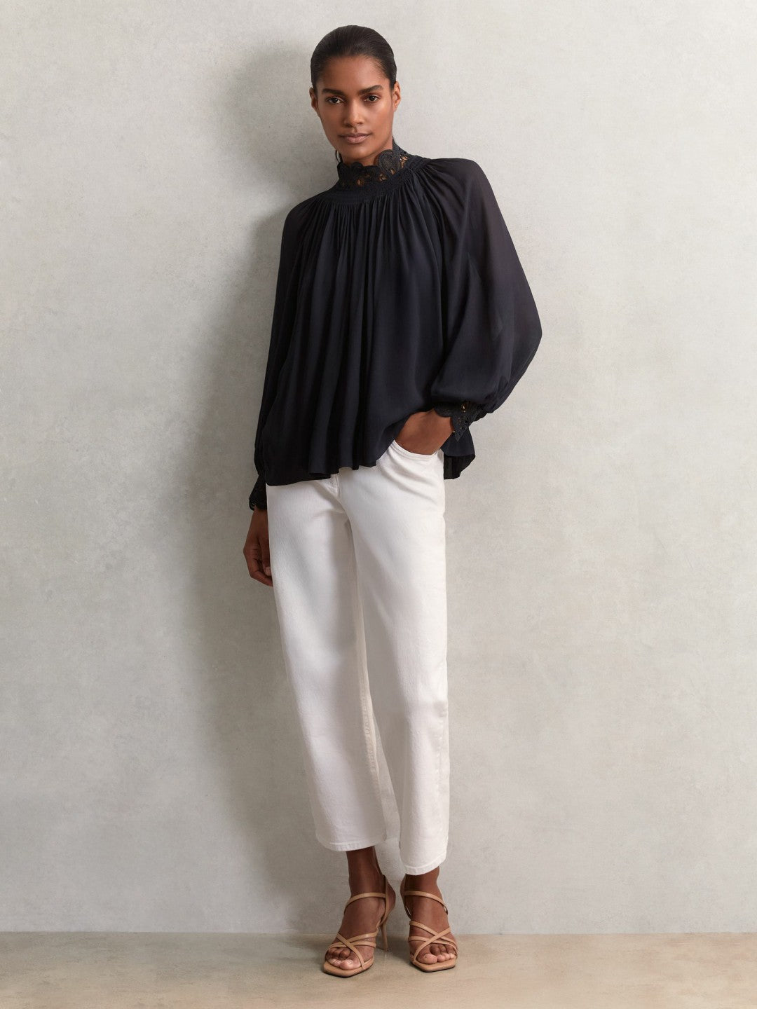 Lace-Trim Draped Chiffon Top Navy | Women