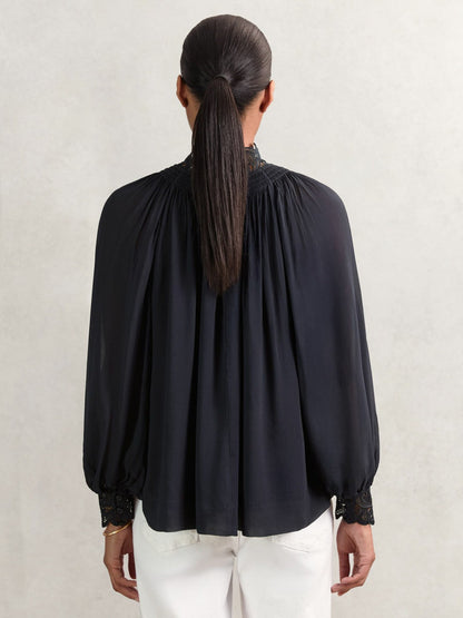 Lace-Trim Draped Chiffon Top Navy | Women