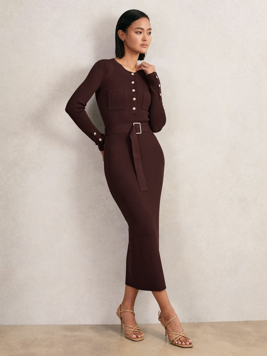 Buttoned Rib-Knit Midi Dress Burgundy | Women