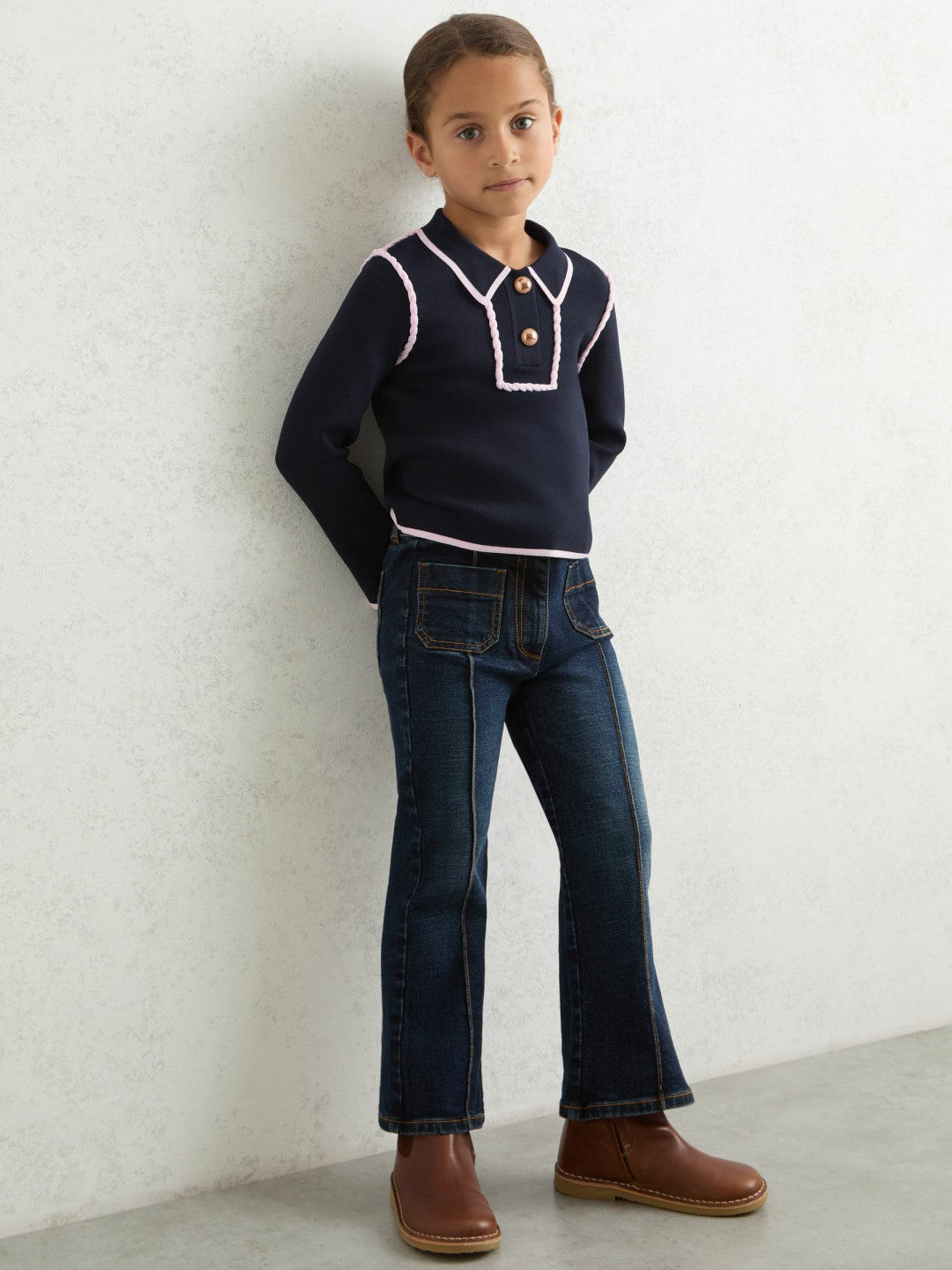 3-9 yrs Piped Knitted Collar Top Navy | Children & Baby