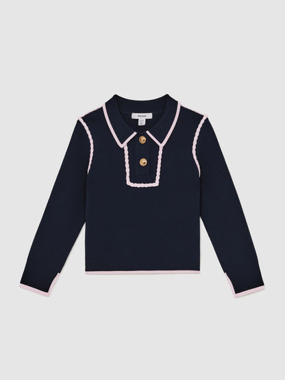 9-13 yrs Piped Knitted Collar Top Navy | Children & Baby