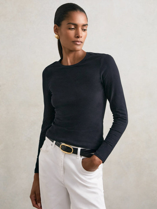 Cotton Crew-Neck Long-Sleeve T-Shirt With Stretch Black | Women