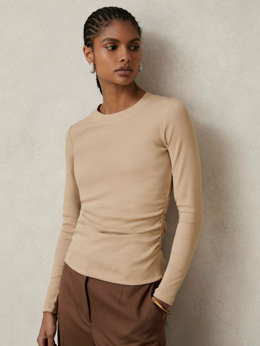 Cotton Long-Sleeve Ruched T-Shirt with Stretch Camel | Women