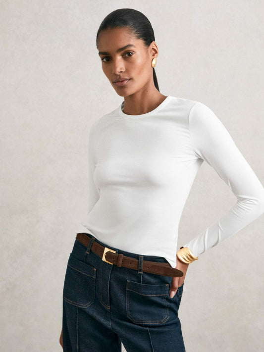Cotton Crew-Neck Long-Sleeve T-Shirt With Stretch White | Women