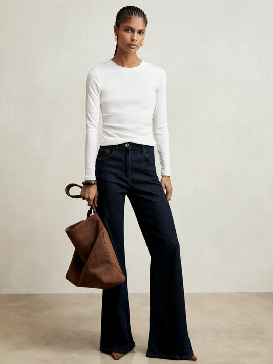 Cotton Long-Sleeve Ruched T-Shirt with Stretch White | Women