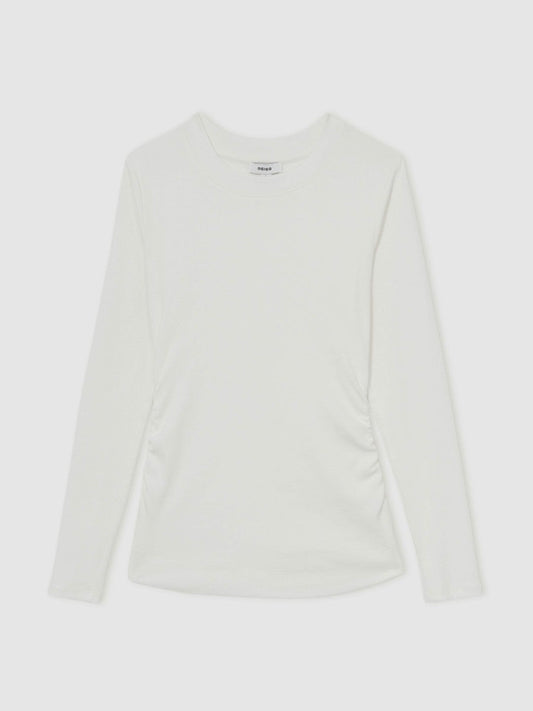 Cotton Long-Sleeve Ruched T-Shirt with Stretch White | Women