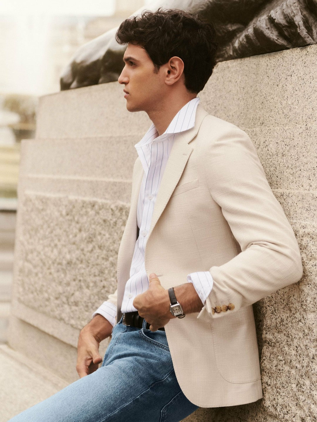 Slim Fit Single Breasted Textured Blazer with Cotton Stone | Men