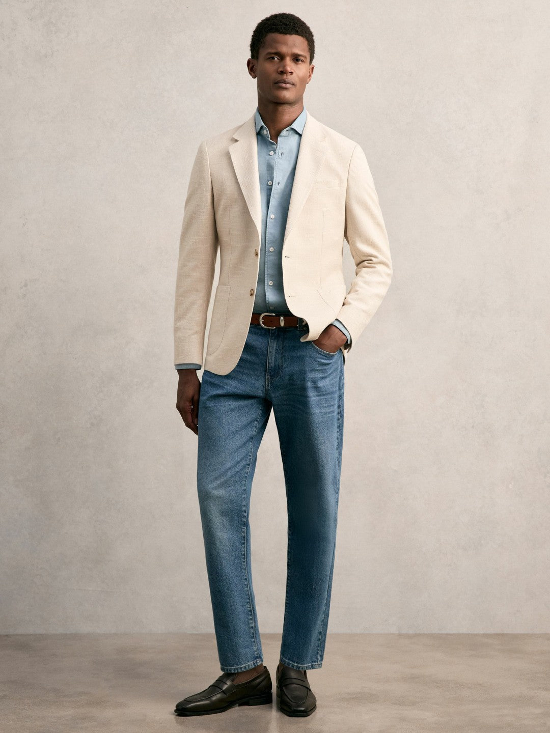 Slim Fit Single Breasted Textured Blazer with Cotton Stone | Men