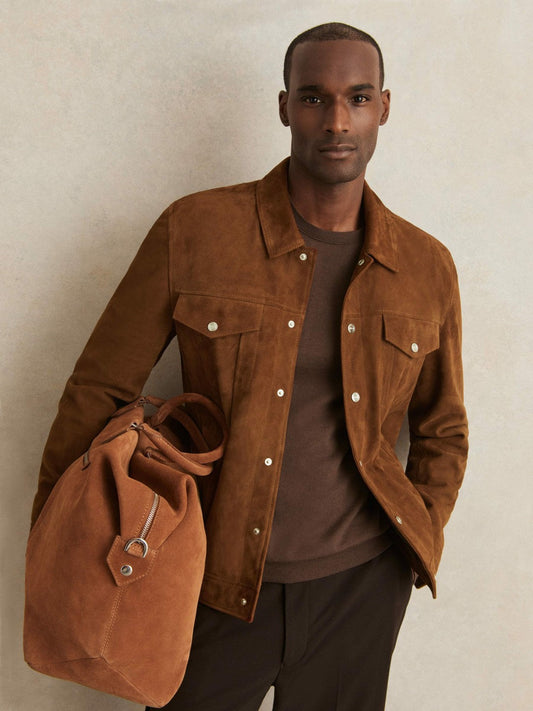 Suede Press Stud Trucker Jacket Tobacco Brown | Men