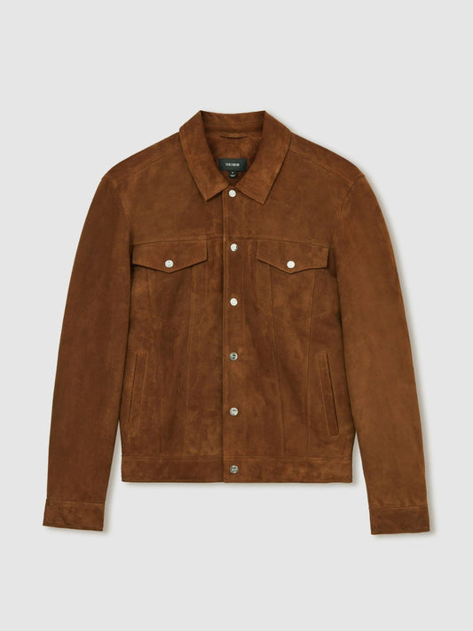 Suede Press Stud Trucker Jacket Tobacco Brown | Men