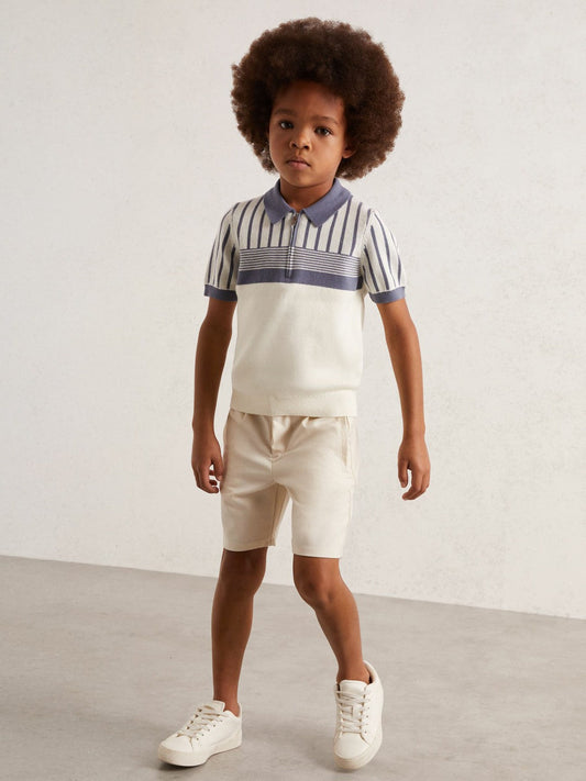 3-9 yrs Cotton Stripe Knit Half-Zip Polo Shirt Off White/ Airforce Blue | Children & Baby