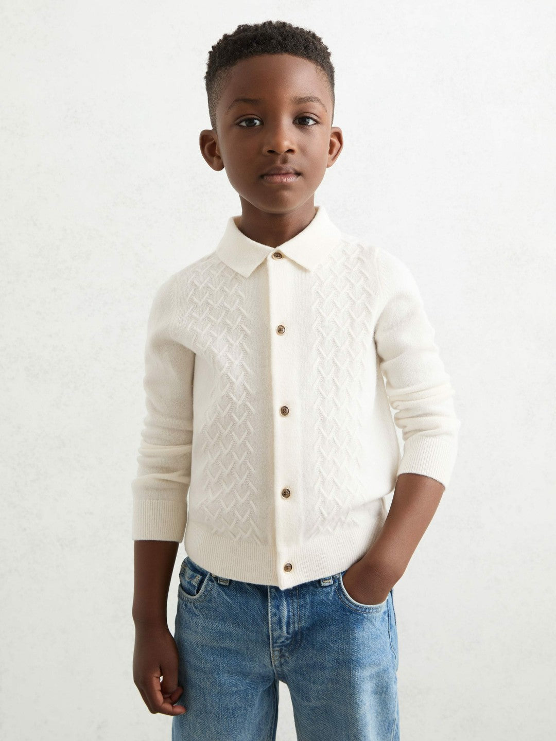 3-9 yrs Wool V-Stitch Button-Through Cardigan Off White | Children & Baby