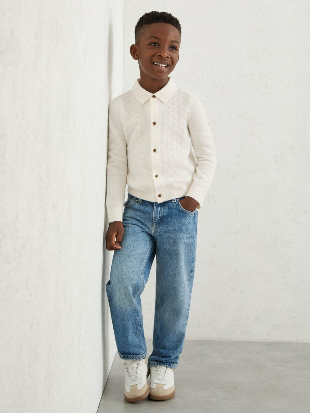 3-9 yrs Wool V-Stitch Button-Through Cardigan Off White | Children & Baby