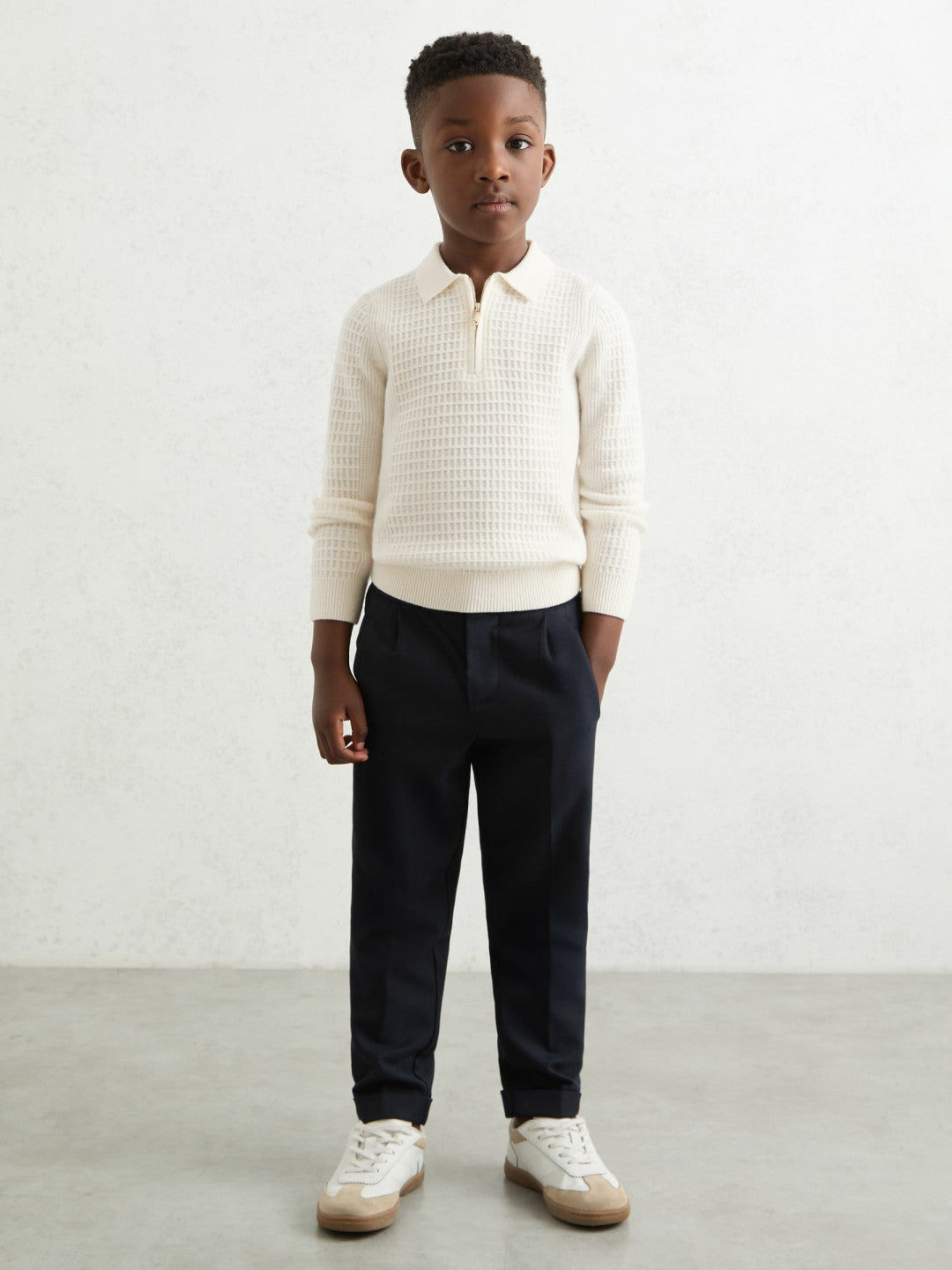 3-9 yrs Wool Waffle-Knit Half-Zip Polo Shirt Off White | Children & Baby