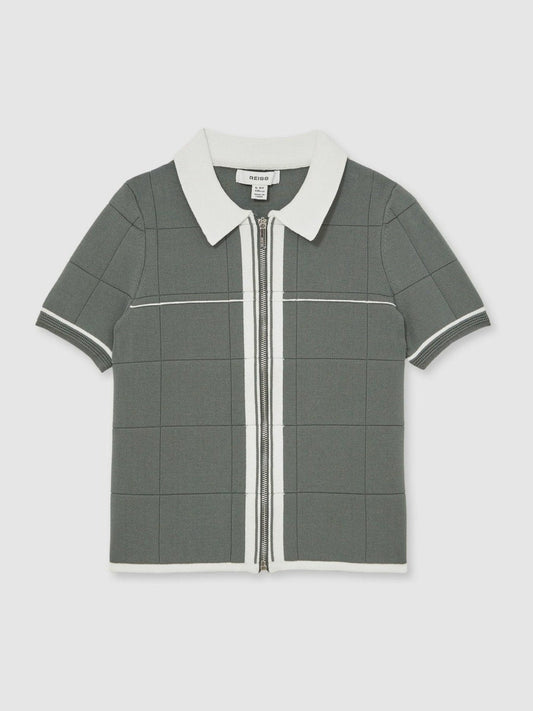 13-14 yrs Tipped Knit Zip-Through Shirt Dark Sage Green | Children & Baby