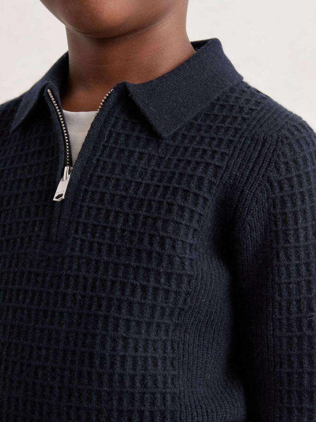 9-13 yrs Wool Waffle-Knit Half-Zip Polo Shirt Navy Blue | Children & Baby