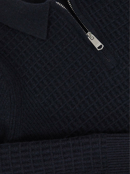 9-13 yrs Wool Waffle-Knit Half-Zip Polo Shirt Navy Blue | Children & Baby