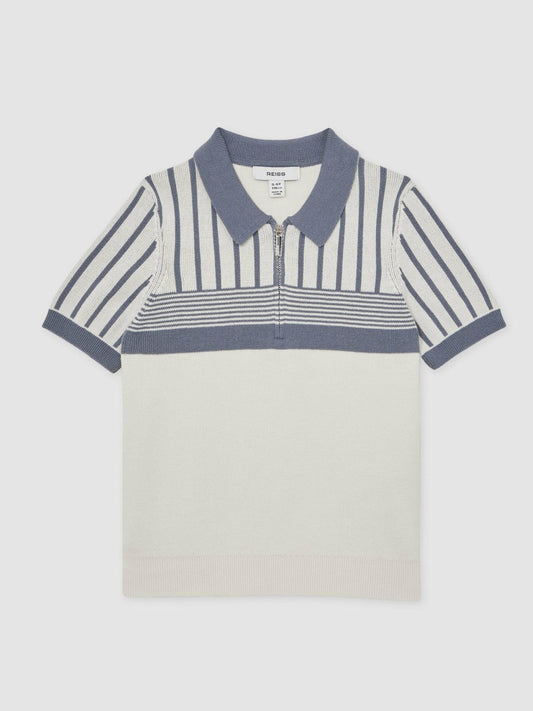 13-14 yrs Cotton Stripe Knit Half-Zip Polo Shirt Off White/ Airforce Blue | Children & Baby
