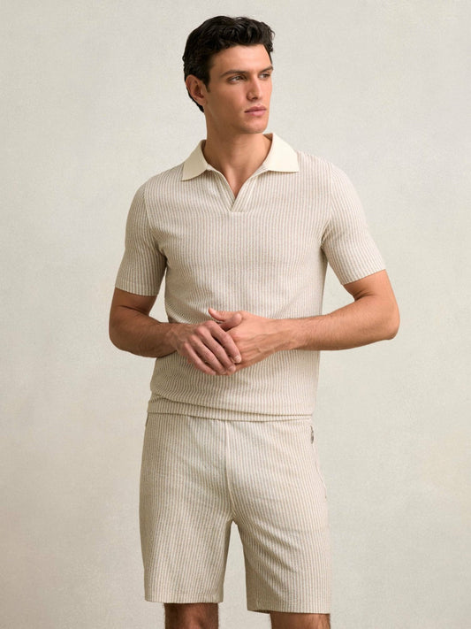 Cotton-Blend Stripe Drawstring Shorts Ecru/Taupe Brown | Men